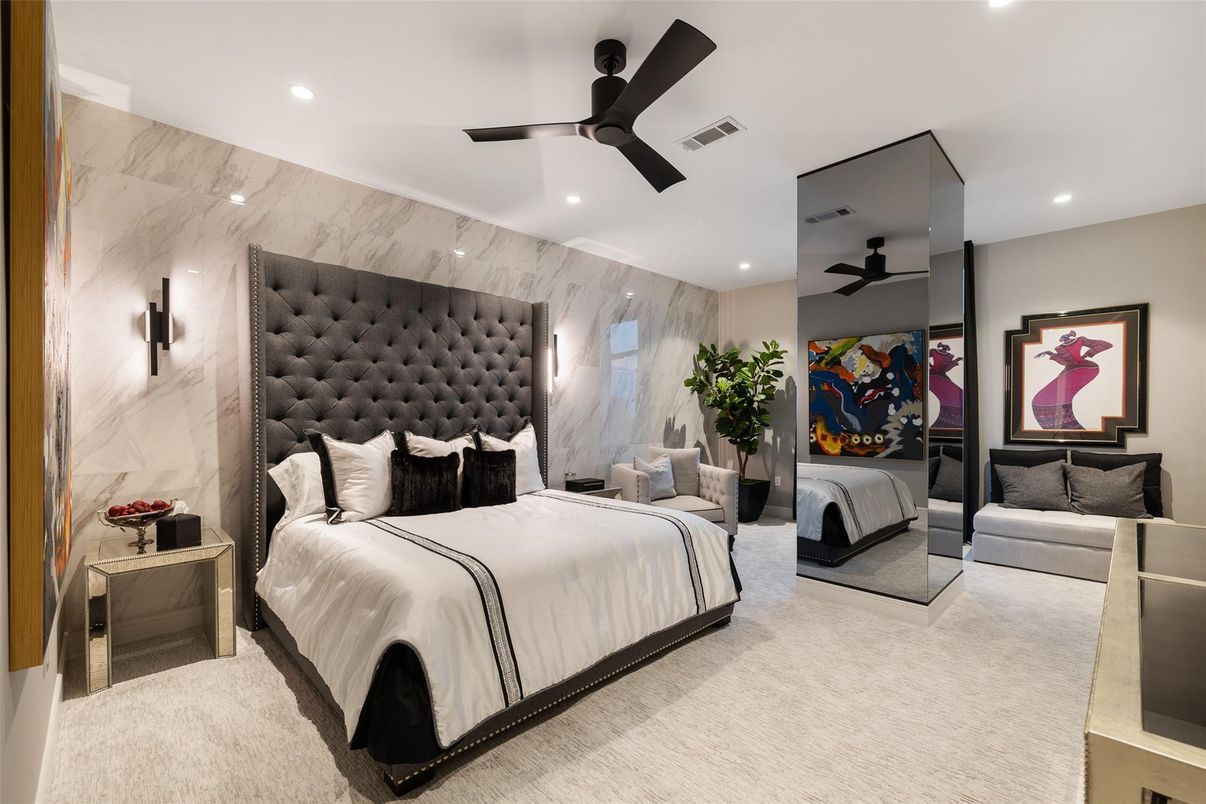 Bedroom, Interior, Marble Walls, Recessed Lighting