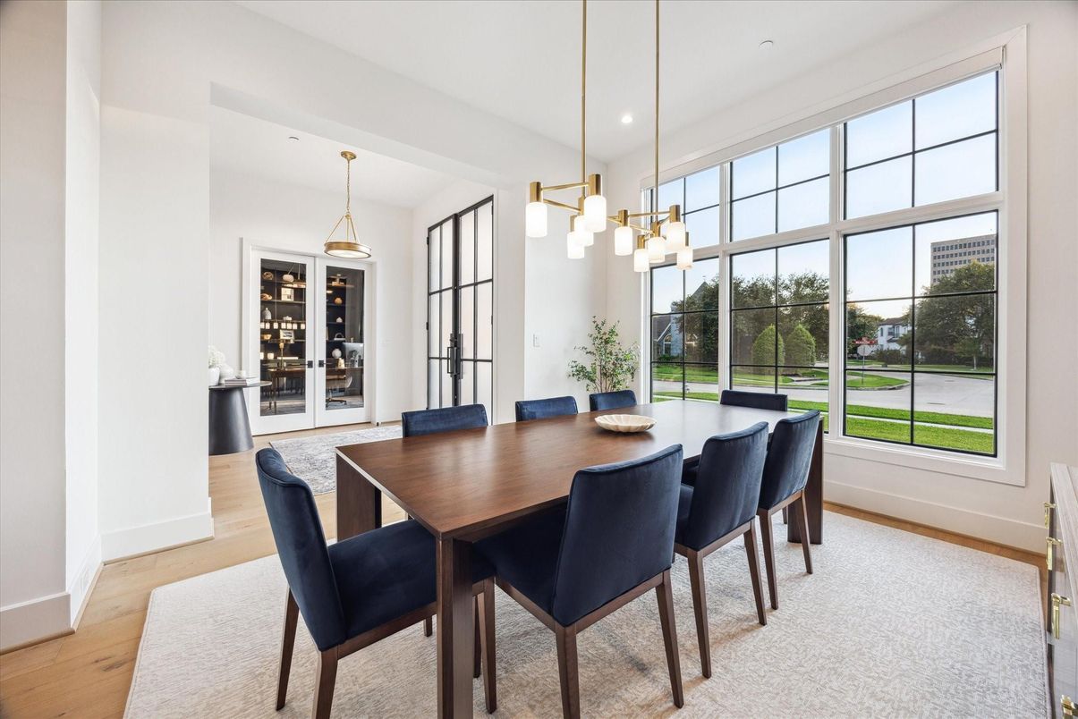 Dining room, Interior, Pendant Lights, Recessed Lighting, Wood Texture Flooring