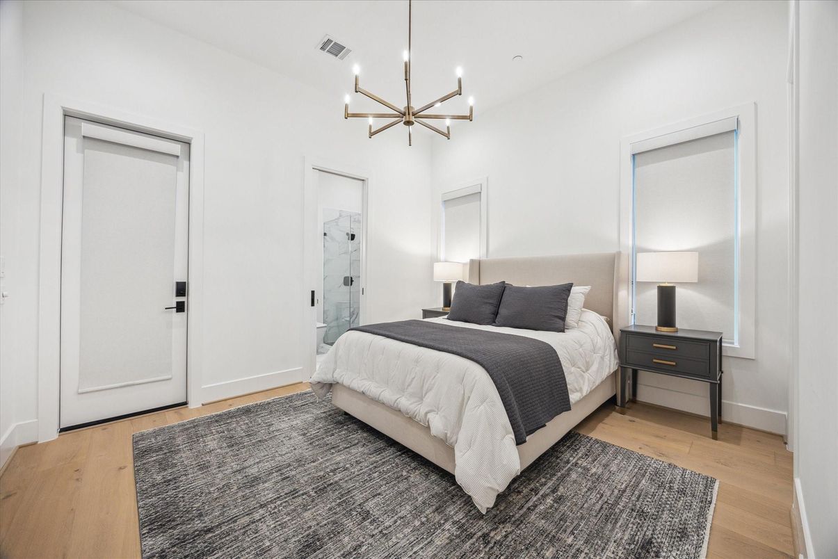 Bedroom, Interior, Pendant Lights, Wood Texture Flooring