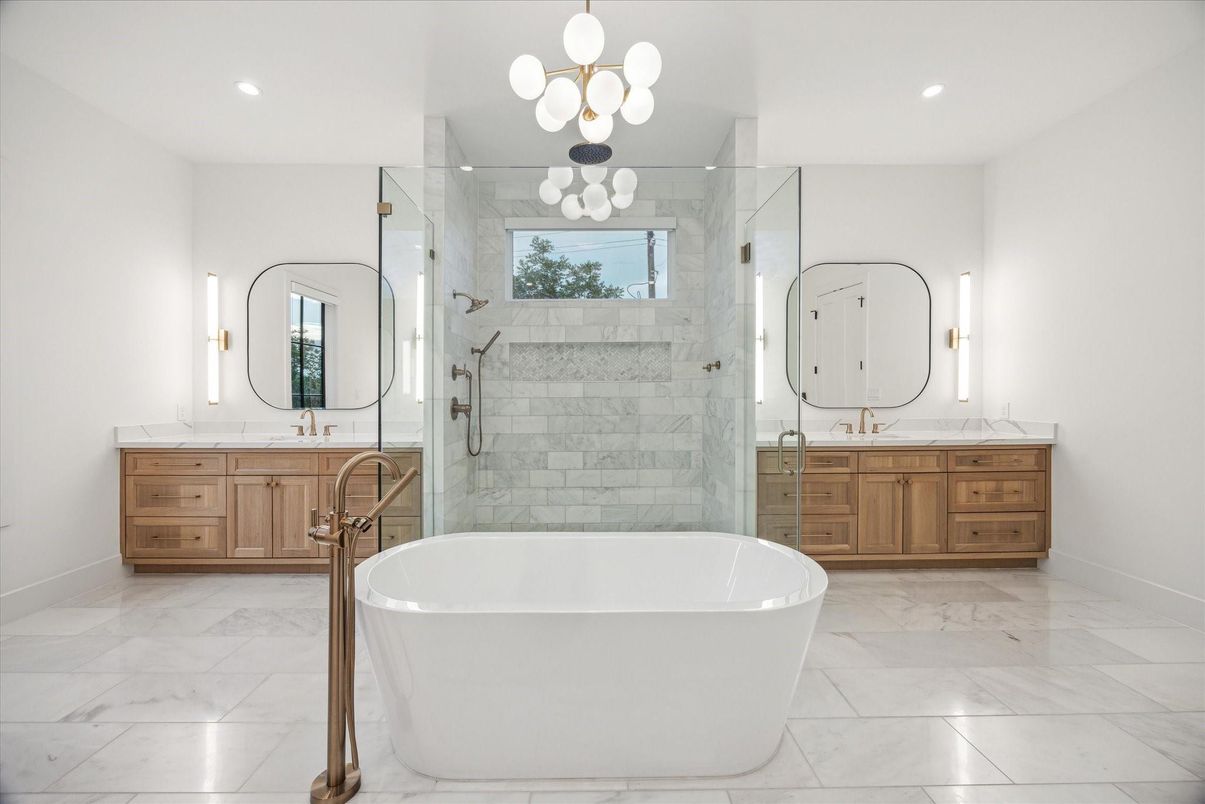 Bathroom, Dual Sink Vanities, Free Standing Baths, Glass Shower, Interior, Marble, Marble Walls, Recessed Lighting