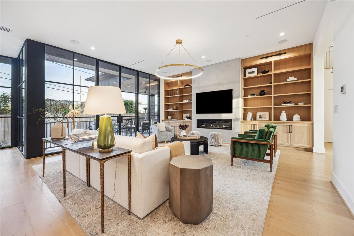 Fireplace, Interior, Living room, Recessed Lighting, Wood Texture Flooring