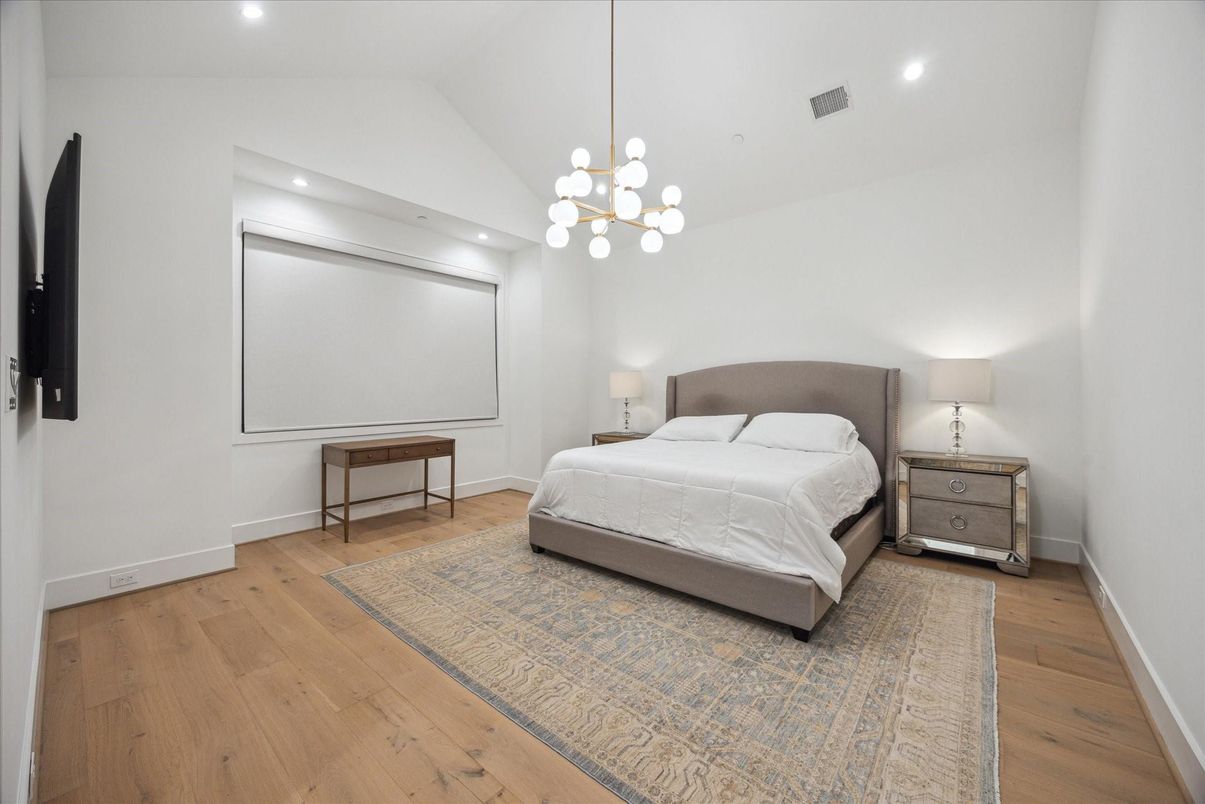 Bedroom, Interior, Pendant Lights, Recessed Lighting, Wood Texture Flooring
