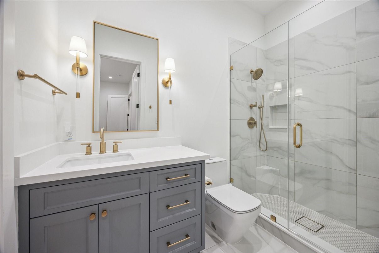 Bathroom, Glass Shower, Interior, Marble Walls, Recessed Lighting
