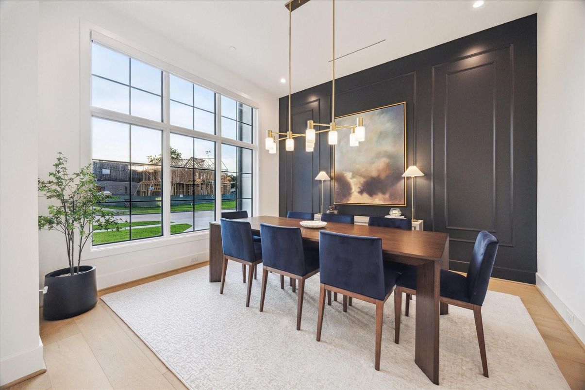 Dining room, Interior, Pendant Lights, Recessed Lighting, Wood Texture Flooring