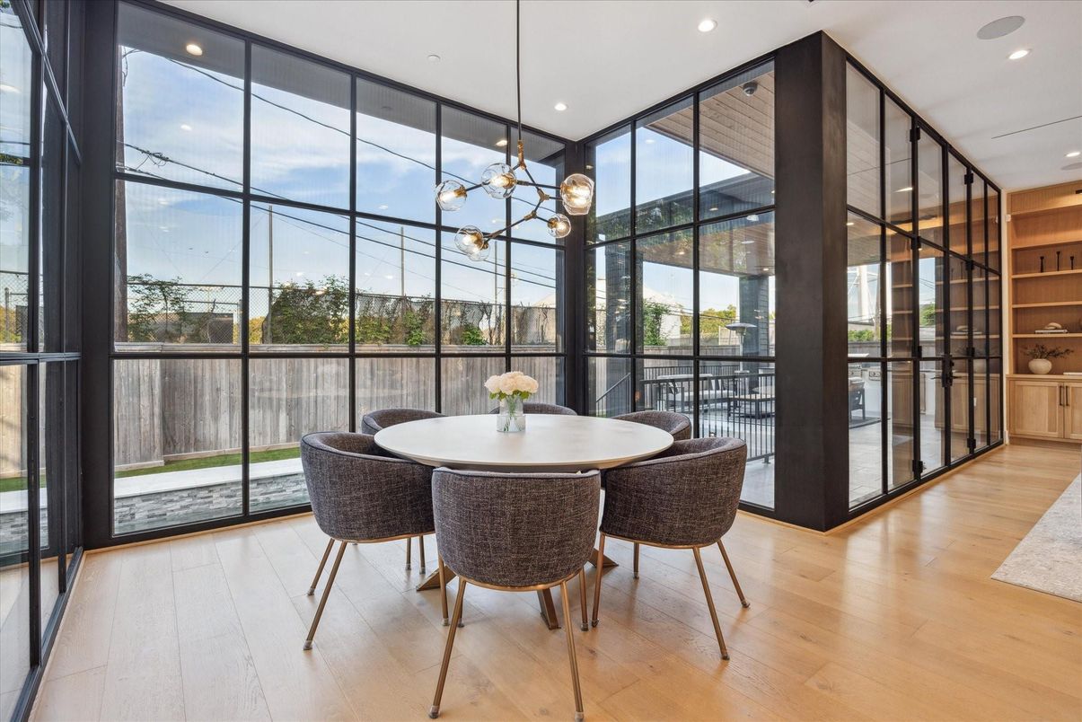 Dining room, Interior, Pendant Lights, Recessed Lighting, Wood Texture Flooring