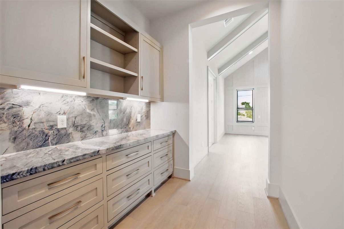 Interior, Marble Walls, Recessed Lighting, Wood Texture Flooring