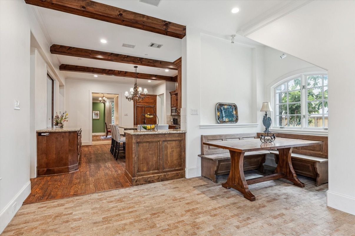 Chandelier, Dining room, Interior, Recessed Lighting, Wooden Beams, Wood Texture Flooring