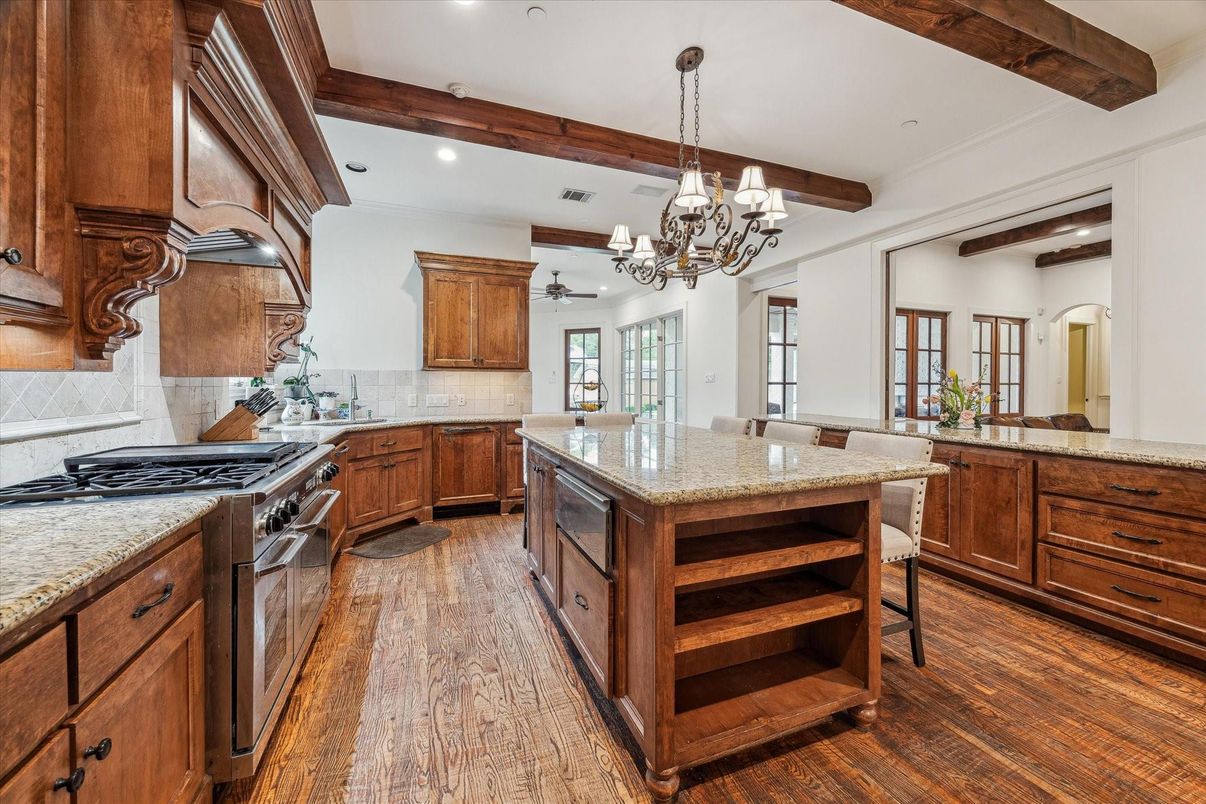 Chandelier, Interior, Kitchen, Recessed Lighting, Stainless Steel Appliances, Wooden Beams, Wood Texture Flooring