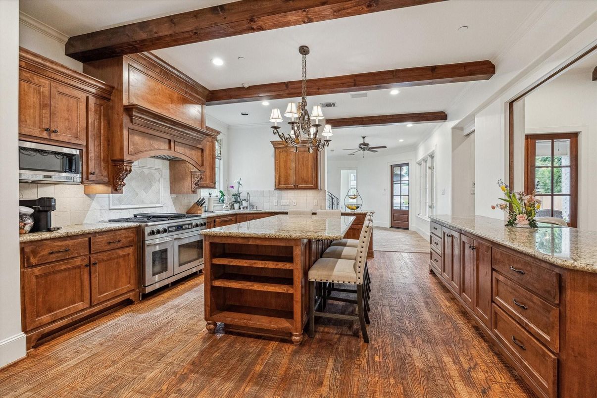 Chandelier, Interior, Kitchen, Recessed Lighting, Stainless Steel Appliances, Wooden Beams, Wood Texture Flooring