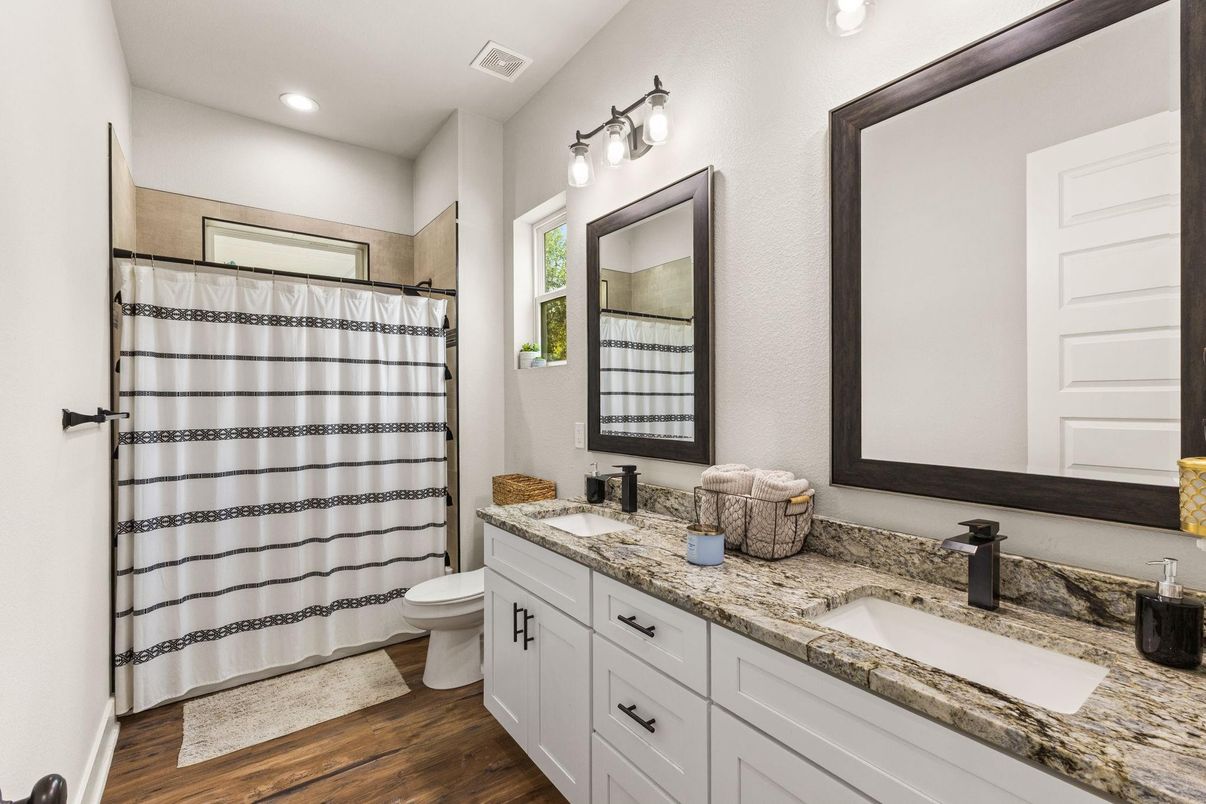 Bathroom, Dual Sink Vanities, Interior, Recessed Lighting, Wood Texture Flooring