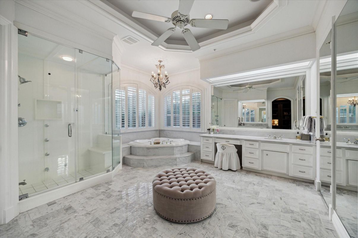 Bathroom, Chandelier, Glass Shower, Interior, Marble, Recessed Lighting