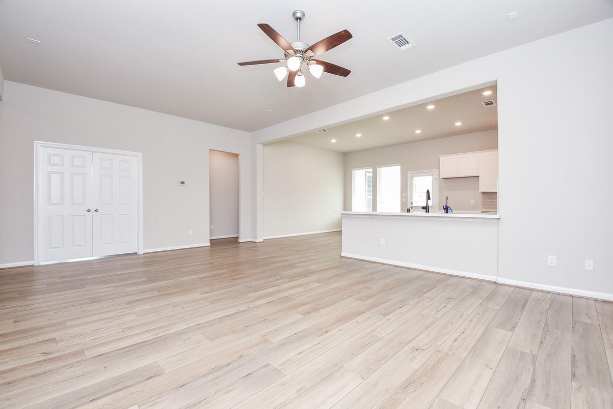 Empty room, Interior, Kitchen, Recessed Lighting, Wood Texture Flooring