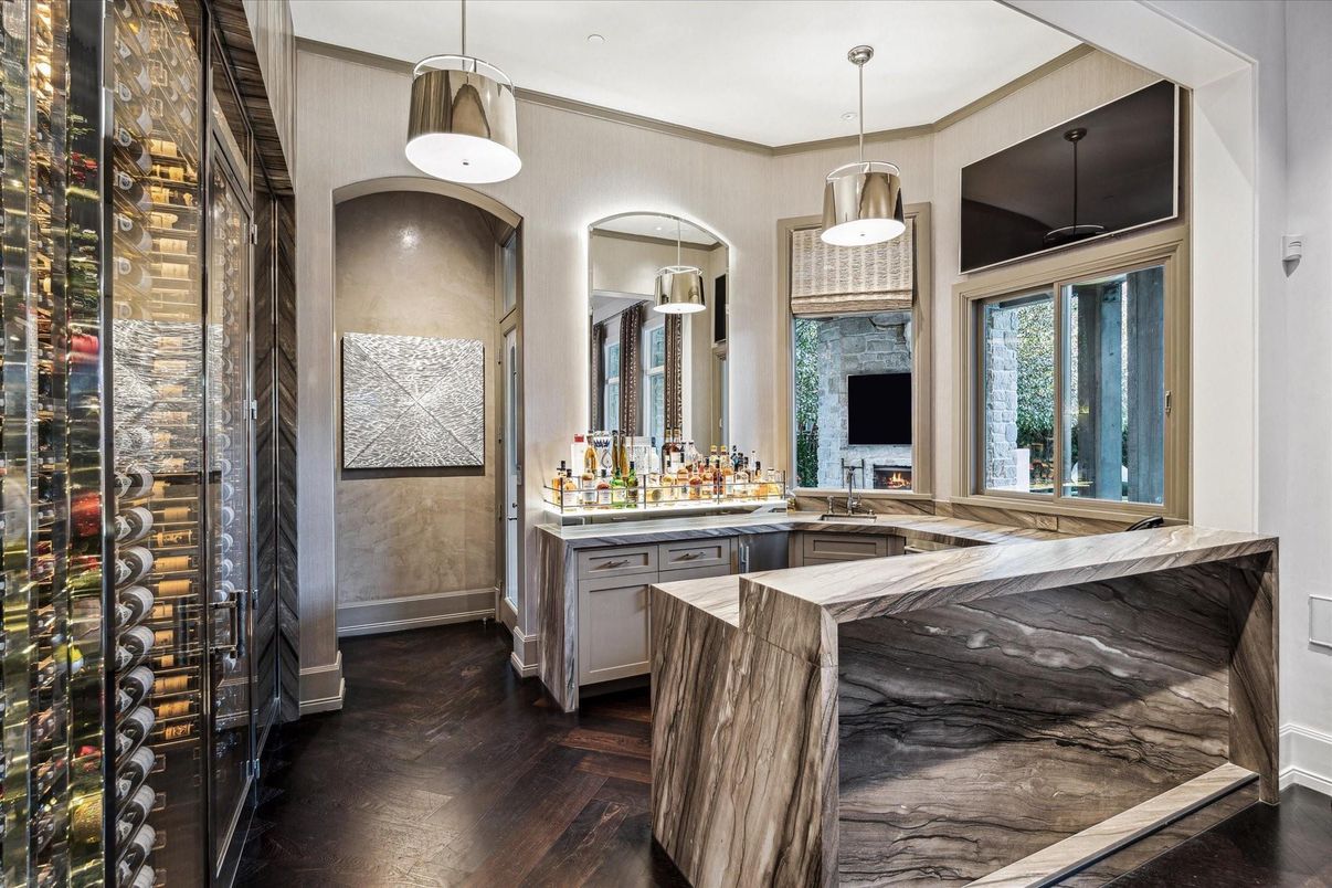Interior, Kitchen, Pendant Lights, Wine Storage, Wood Texture Flooring