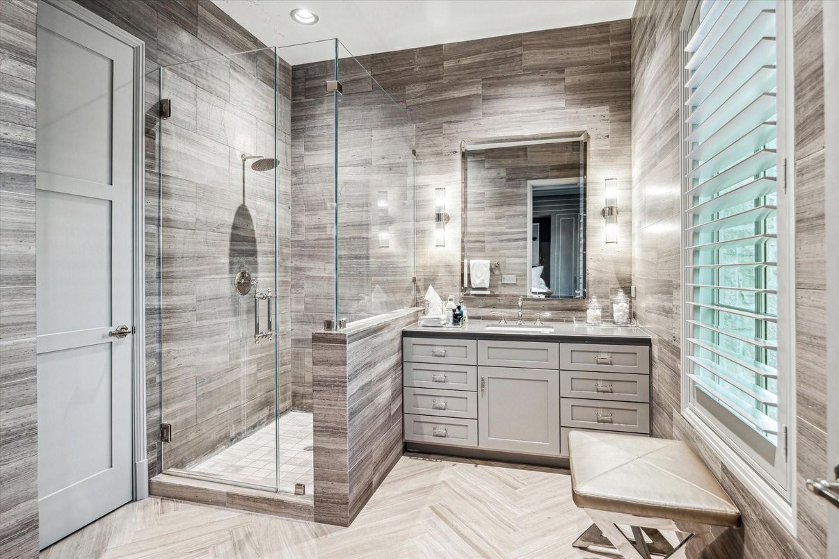 Bathroom, Glass Shower, Interior, Recessed Lighting, Wood Texture Flooring