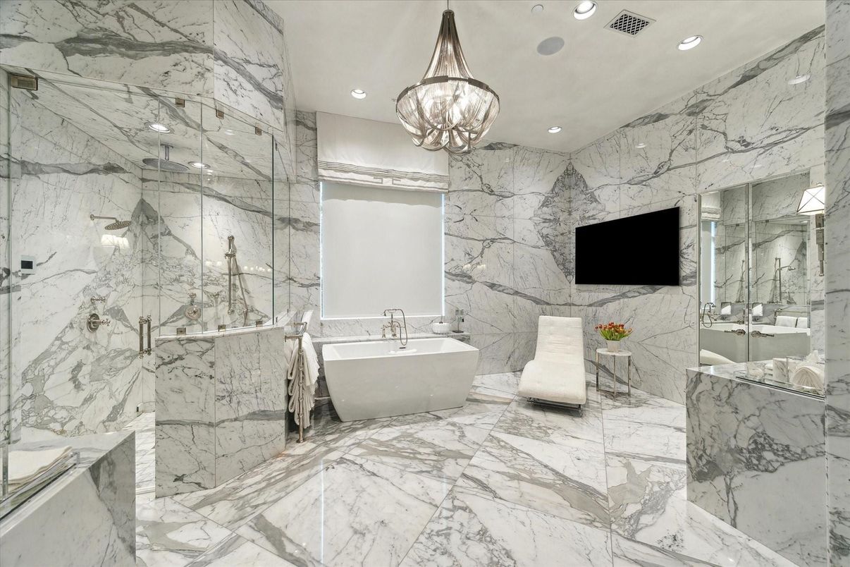Bathroom, Free Standing Baths, Glass Shower, Interior, Marble, Marble Walls, Pendant Lights, Recessed Lighting