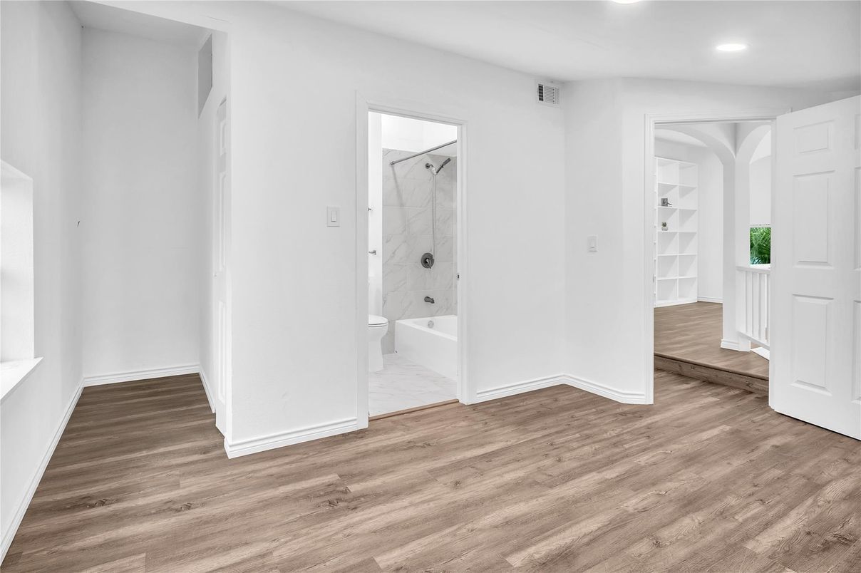 Bathroom, Interior, Marble, Marble Walls, Recessed Lighting, Wood Texture Flooring