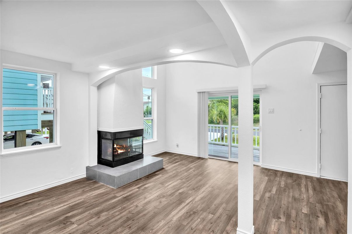 Empty room, Fireplace, Interior, Recessed Lighting, Wood Texture Flooring