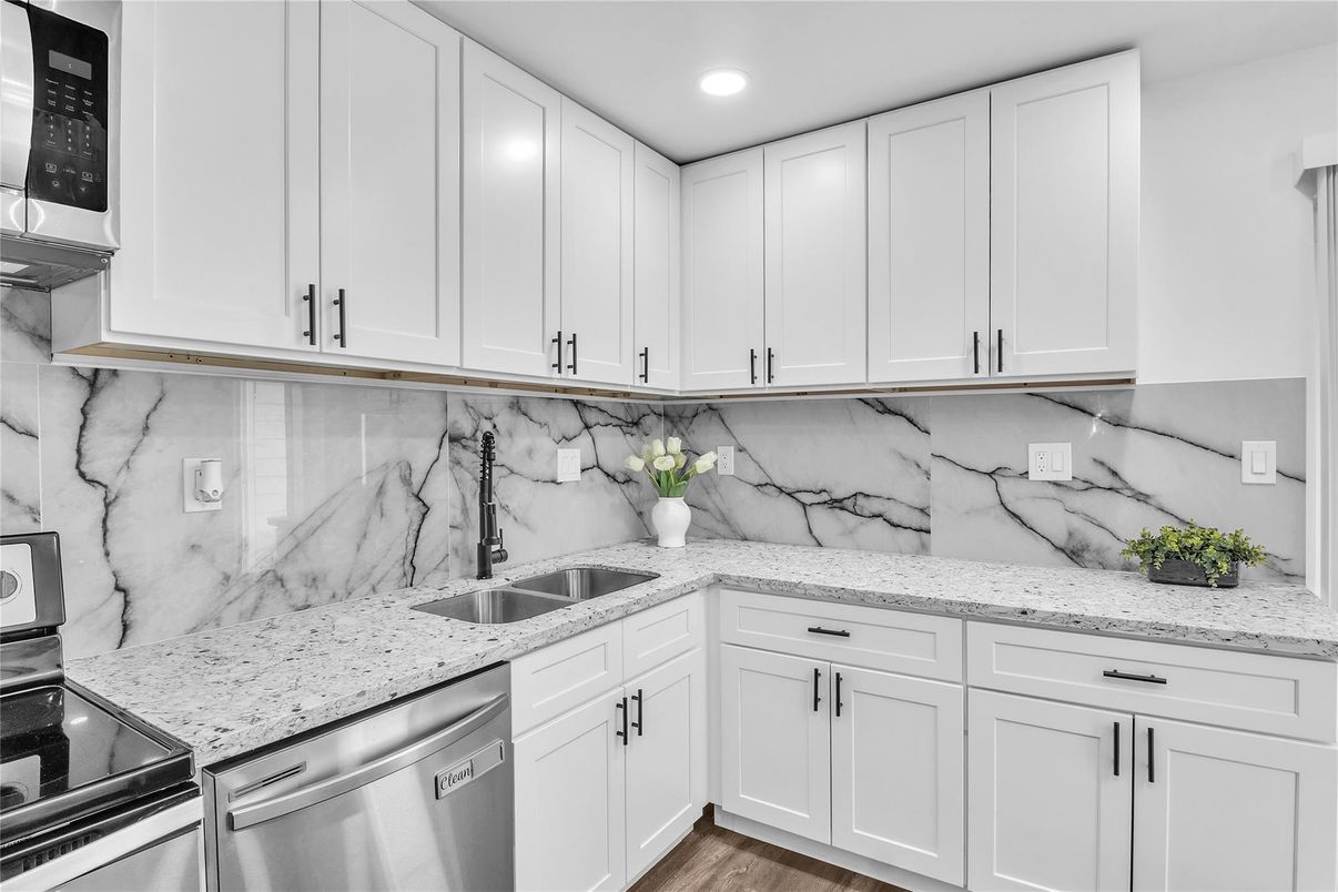 Interior, Kitchen, Marble Walls, Recessed Lighting, Wood Texture Flooring