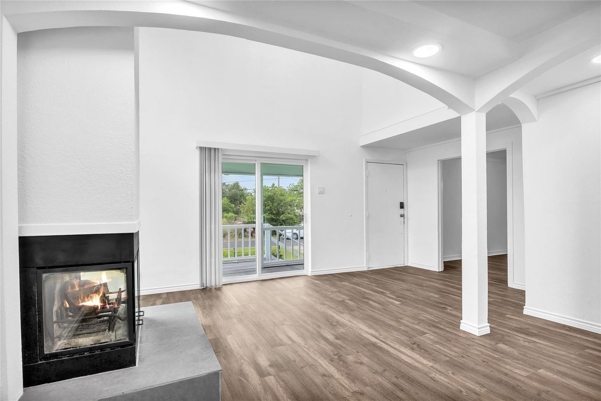 Empty room, Fireplace, Interior, Recessed Lighting, Wood Texture Flooring
