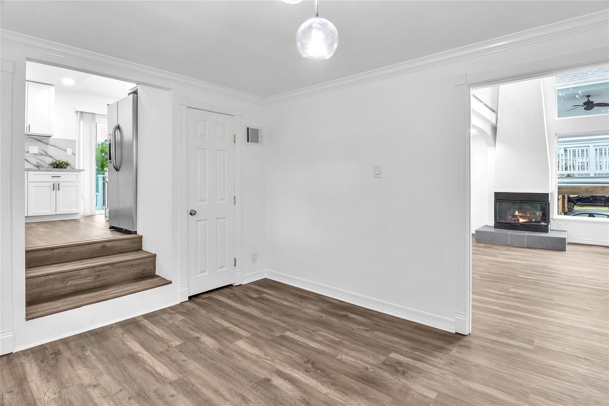 Empty room, Fireplace, Interior, Pendant Lights, Wood Texture Flooring