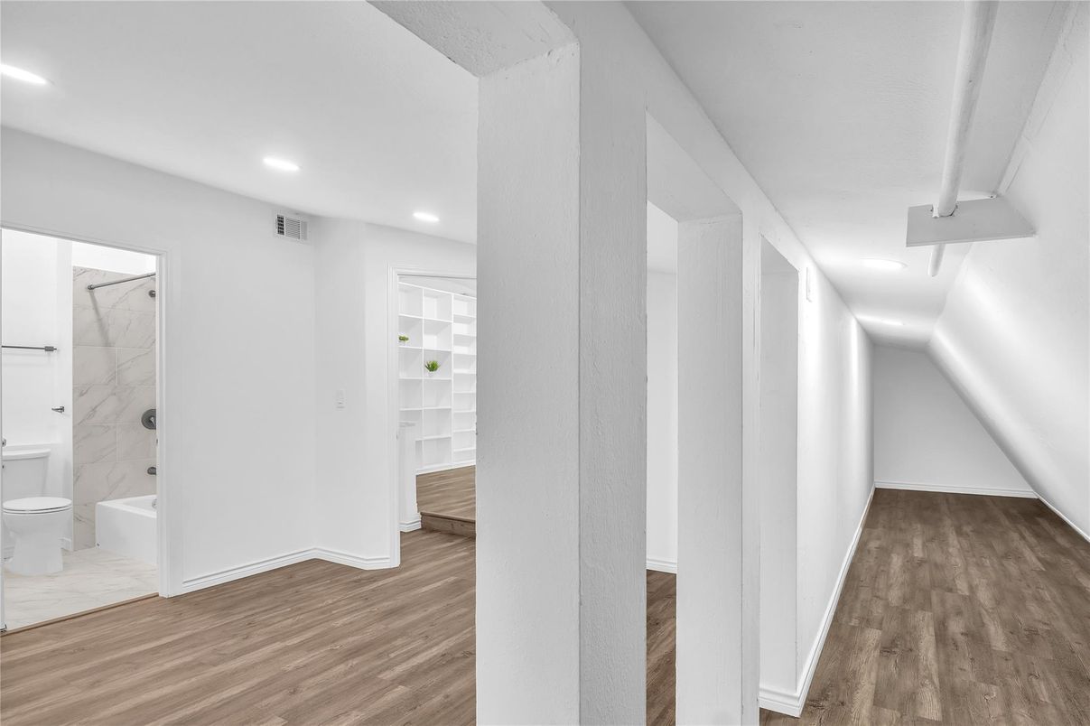 Bathroom, Interior, Marble, Marble Walls, Recessed Lighting, Wood Texture Flooring