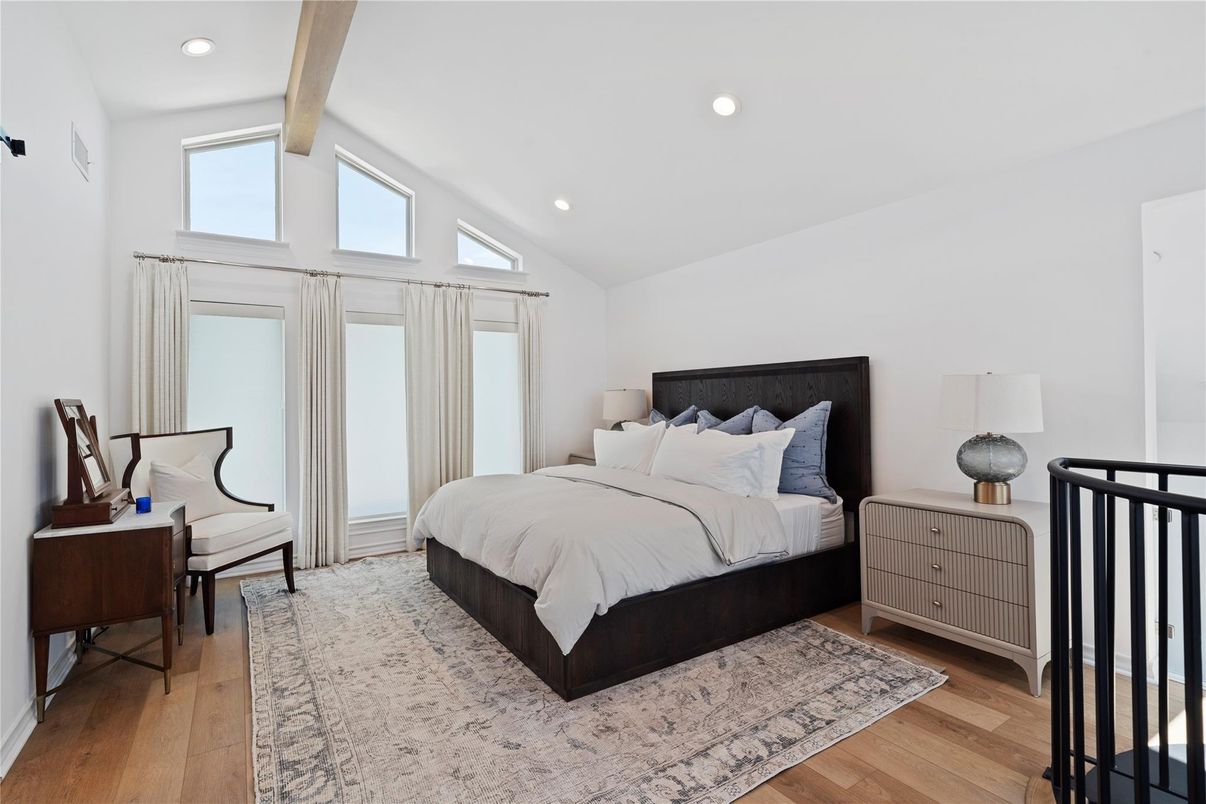 Bedroom, Interior, Recessed Lighting, Wood Texture Flooring