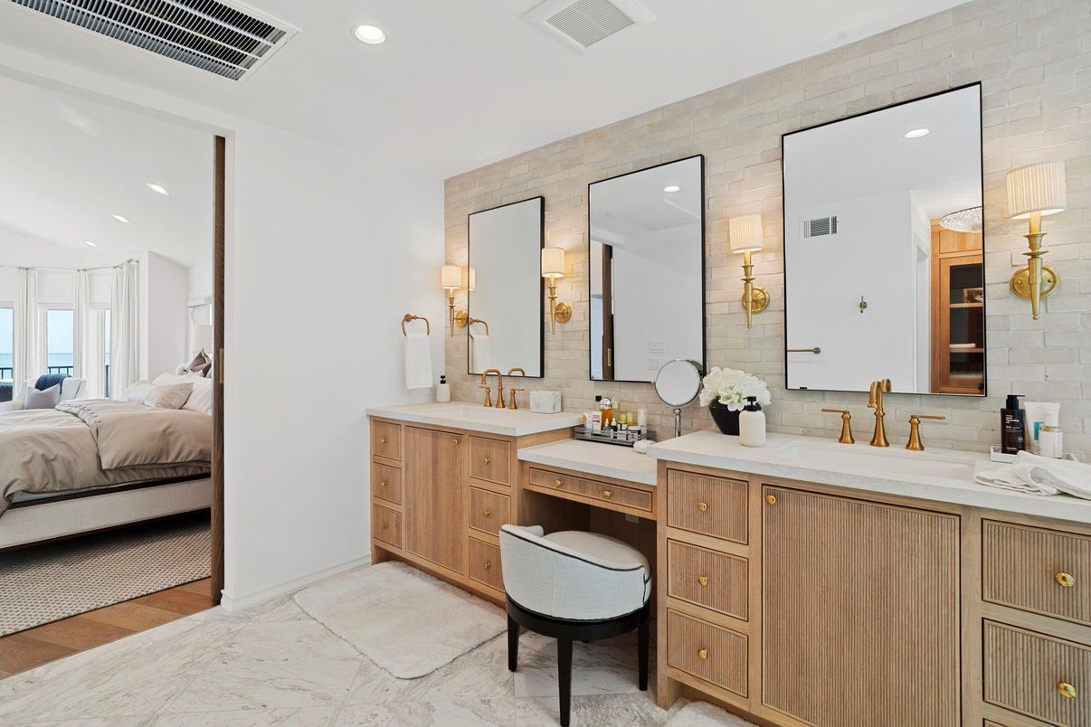Bathroom, Bedroom, Dual Sink Vanities, Interior, Recessed Lighting, Stone Walls, Wood Texture Flooring