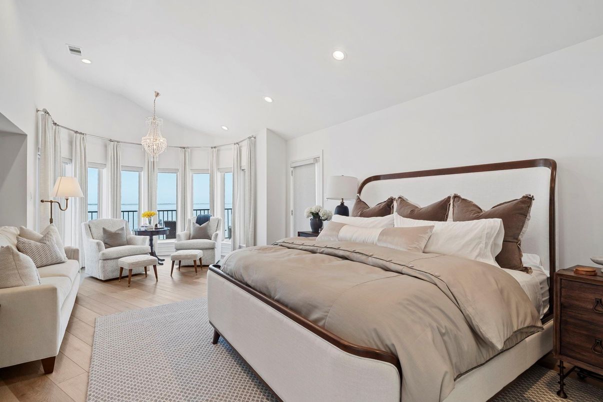 Bedroom, Chandelier, Interior, Recessed Lighting, Wood Texture Flooring