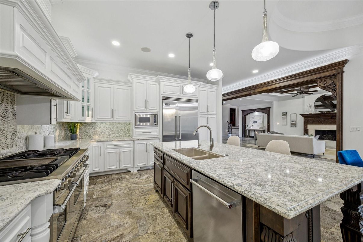 Fireplace, Interior, Kitchen, Pendant Lights, Recessed Lighting, Stainless Steel Appliances