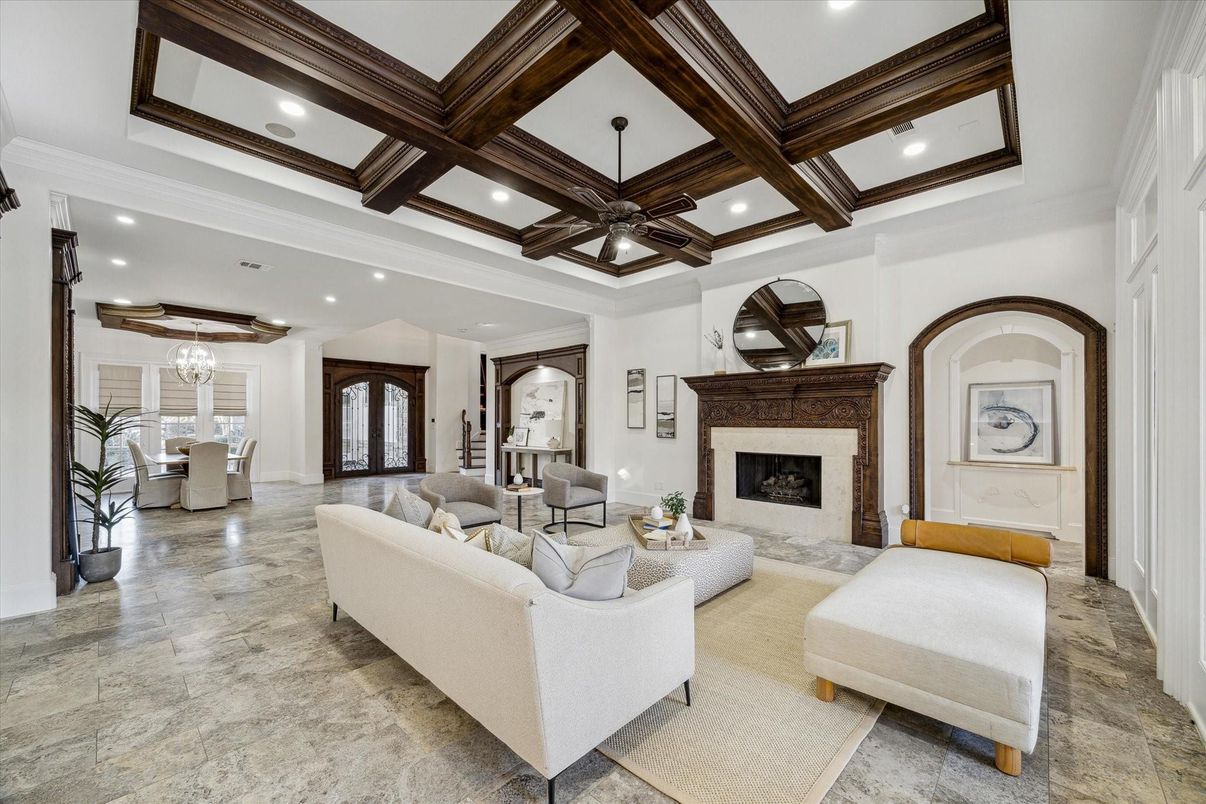 Chandelier, Dining room, Fireplace, Interior, Living room, Pendant Lights, Recessed Lighting, Wooden Beams