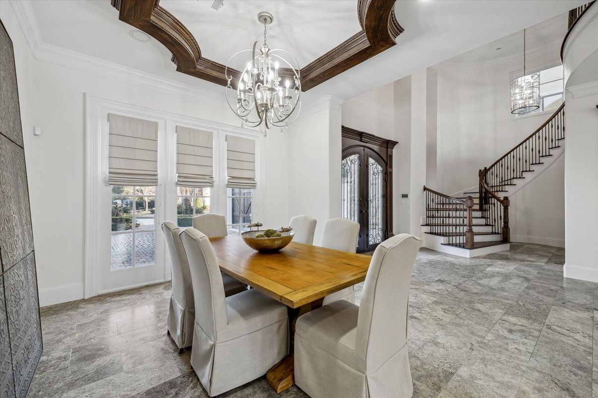 Chandelier, Dining room, Interior, Wooden Beams
