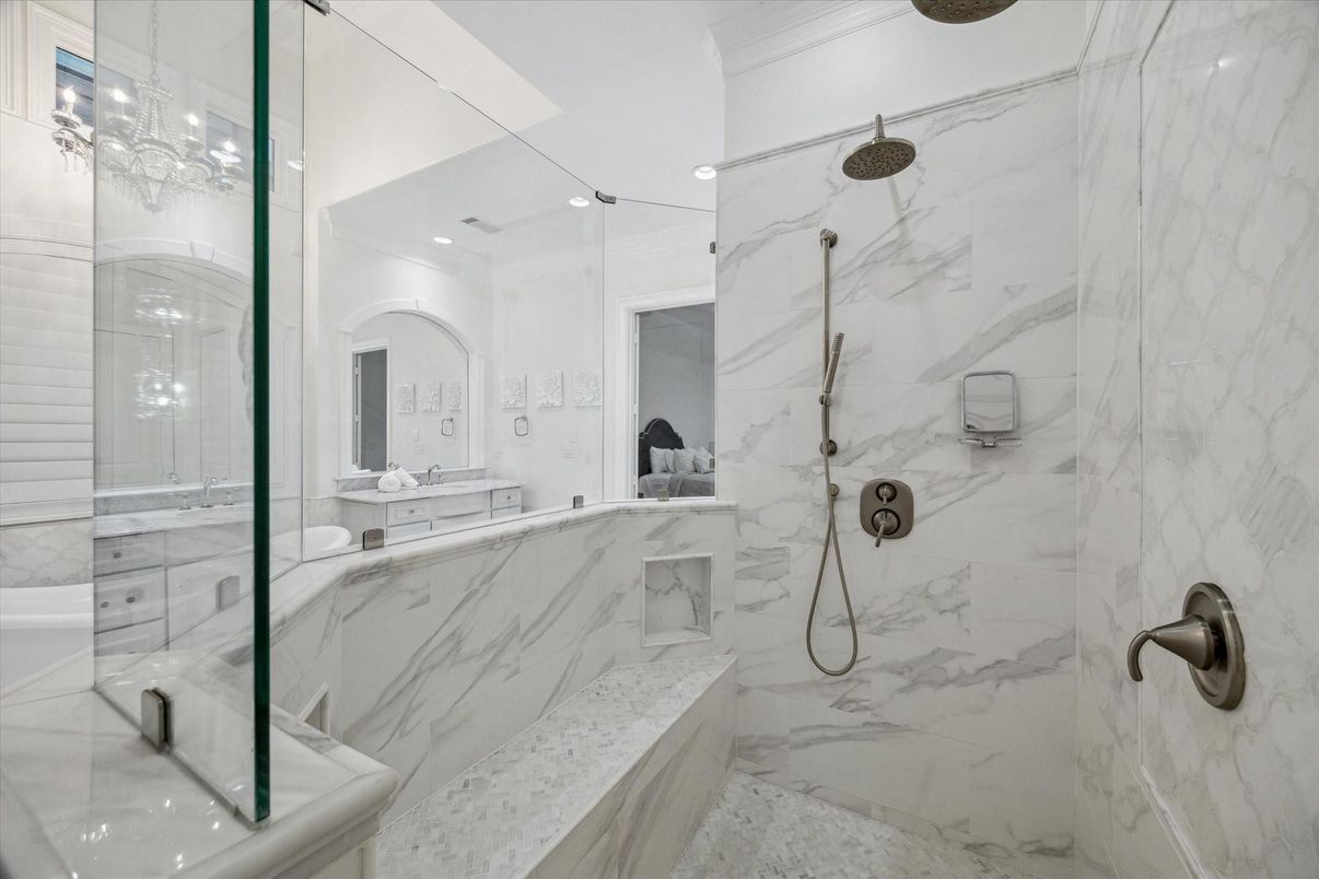 Bathroom, Glass Shower, Interior, Marble Walls, Recessed Lighting