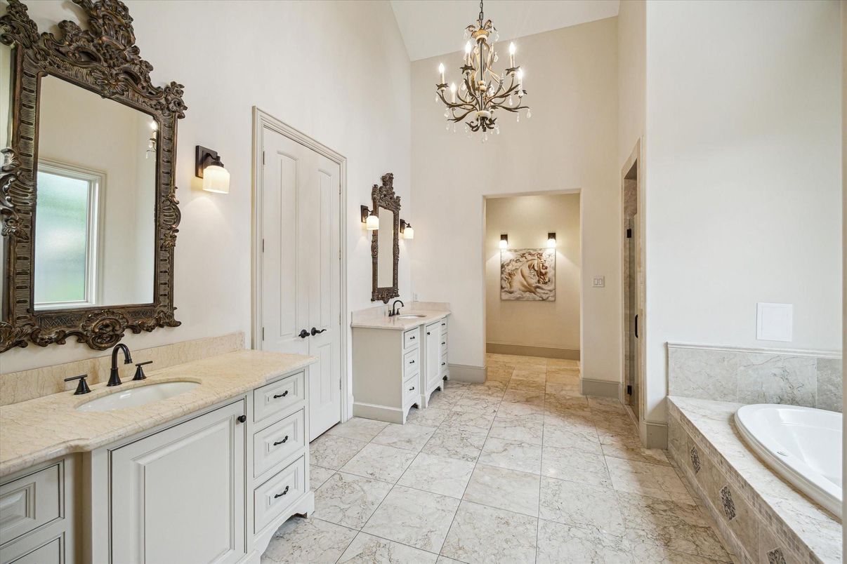 Bathroom, Chandelier, Dual Sink Vanities, Interior, Marble