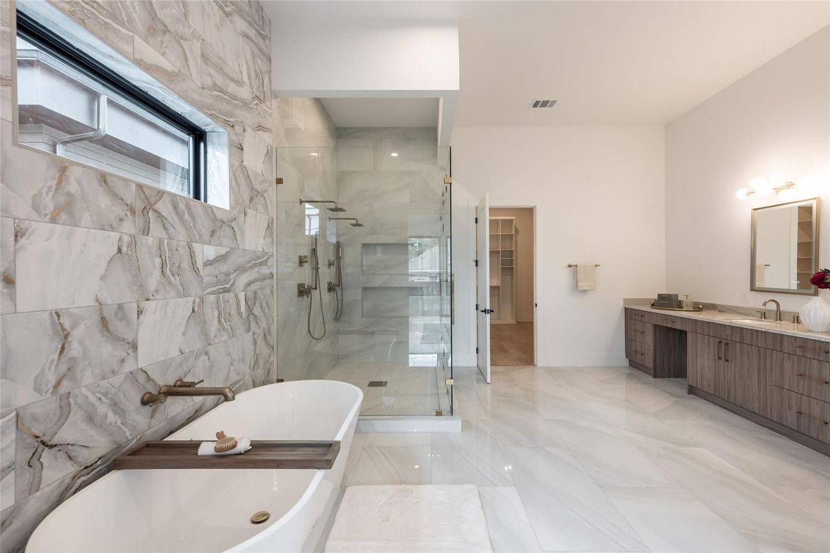 Bathroom, Dual Sink Vanities, Glass Shower, Interior, Marble, Marble Walls