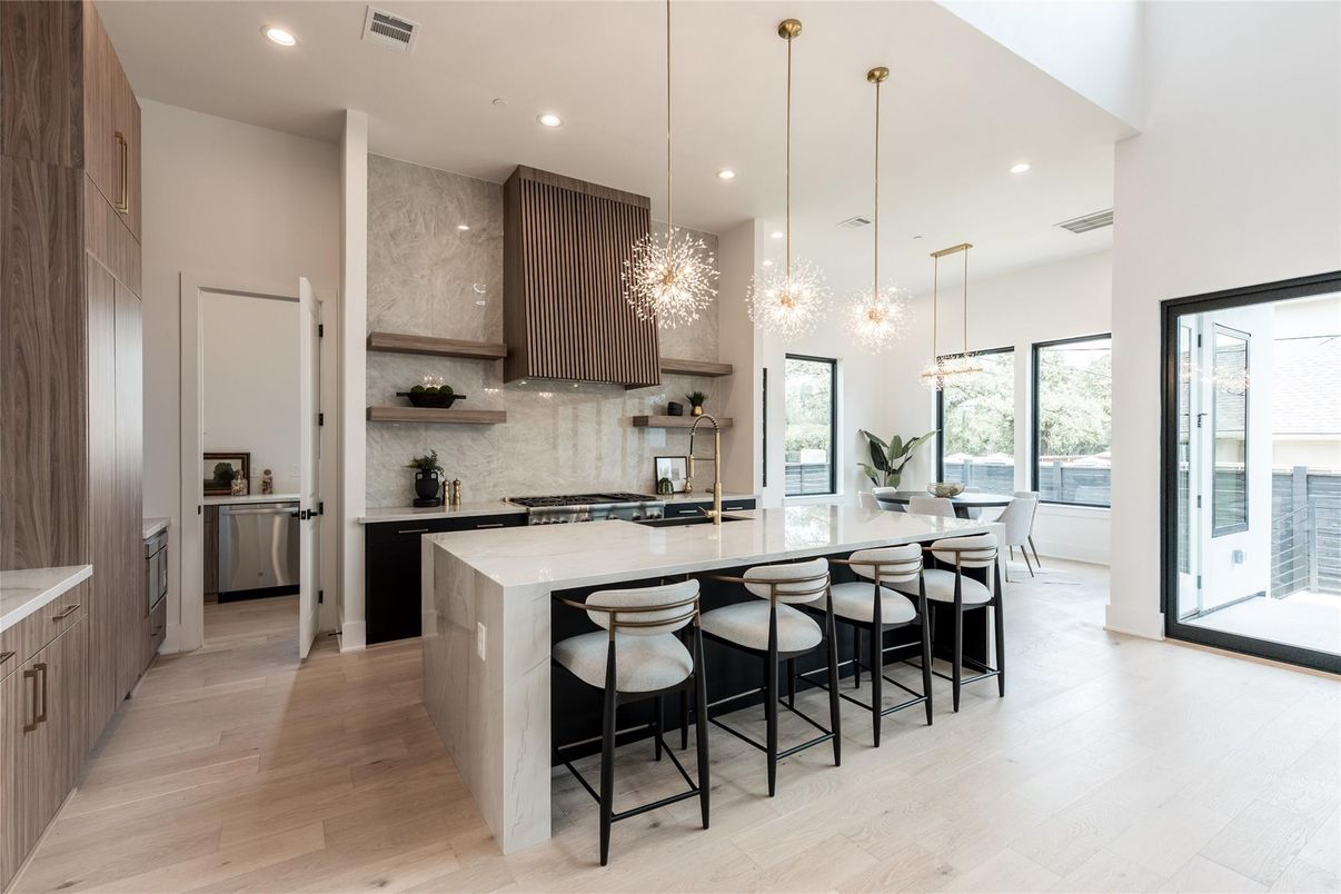Interior, Kitchen, Pendant Lights, Recessed Lighting, Stainless Steel Appliances, Wood Texture Flooring