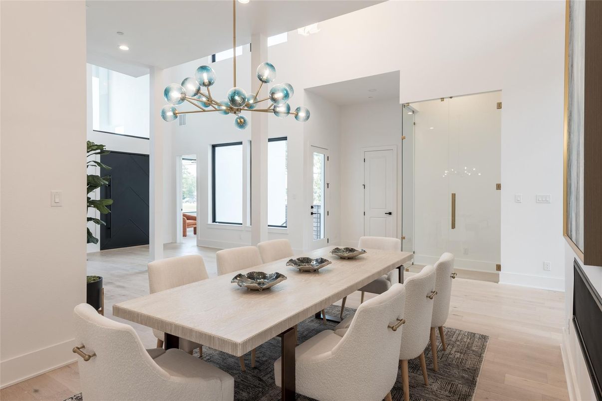 Dining room, Interior, Pendant Lights, Recessed Lighting, Wood Texture Flooring