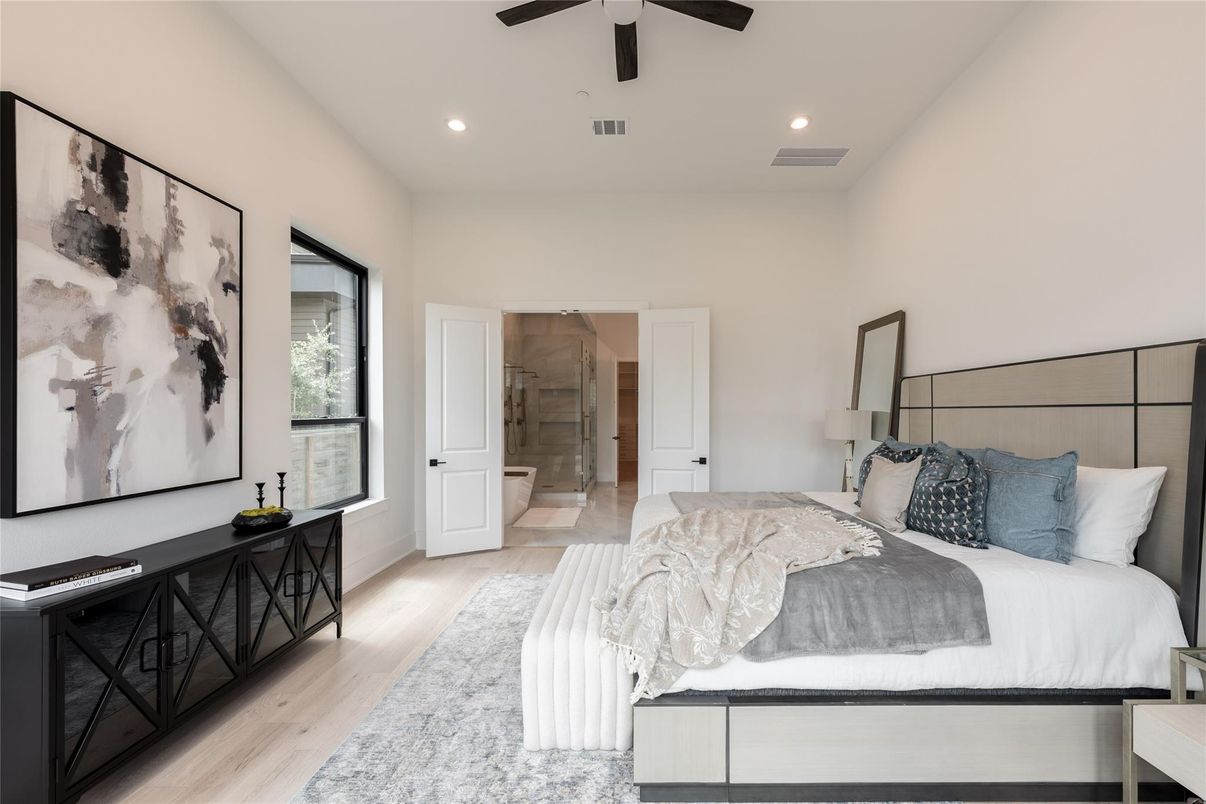 Bedroom, Interior, Recessed Lighting, Wood Texture Flooring