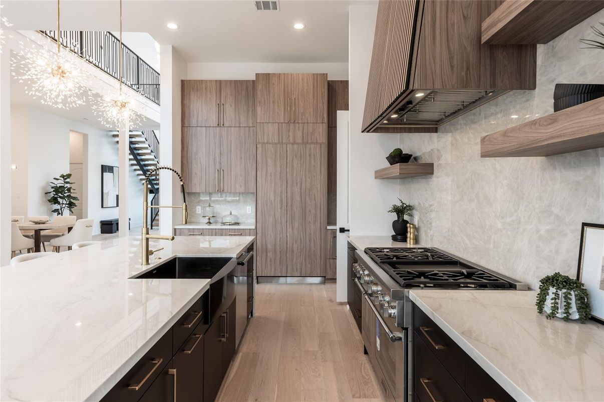 Interior, Kitchen, Pendant Lights, Recessed Lighting, Stainless Steel Appliances, Wood Texture Flooring