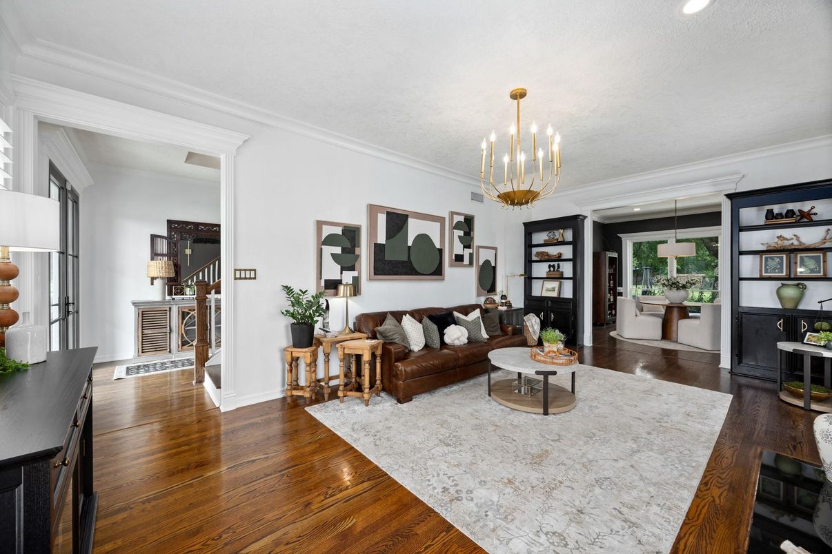 Chandelier, Interior, Living room, Pendant Lights, Recessed Lighting, Wood Texture Flooring