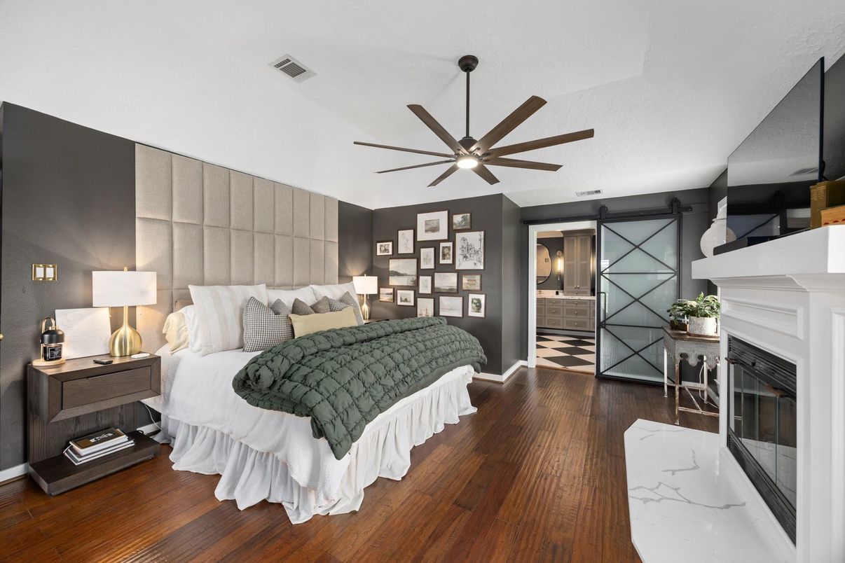 Bedroom, Fireplace, Interior, Wood Texture Flooring