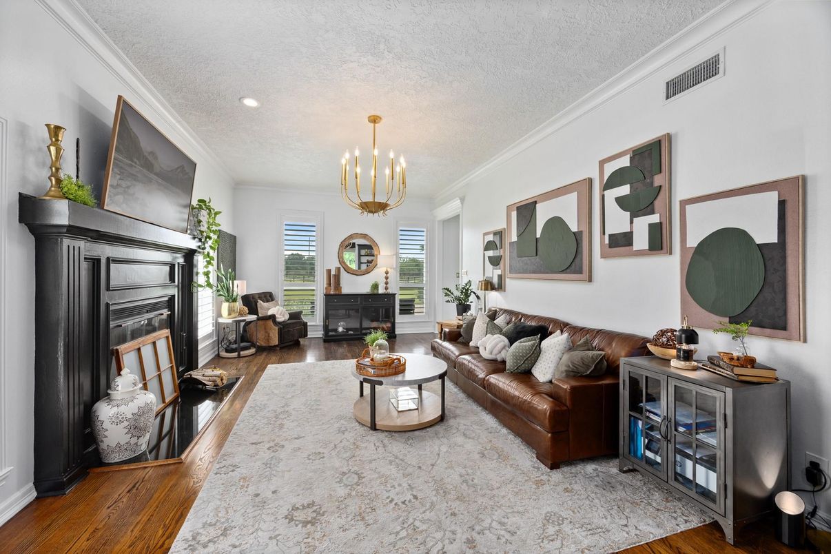 Chandelier, Fireplace, Interior, Living room, Pendant Lights, Recessed Lighting, Wood Texture Flooring