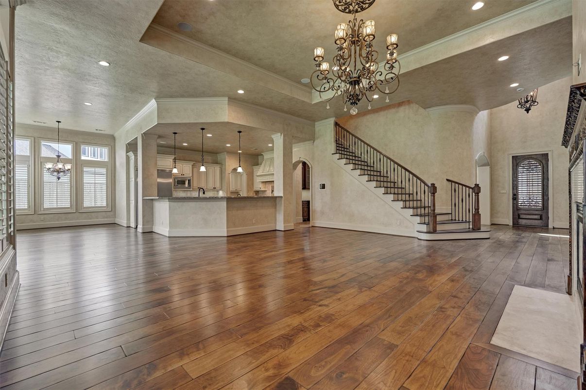 Chandelier, Interior, Kitchen, Pendant Lights, Recessed Lighting, Stainless Steel Appliances, Wood Texture Flooring