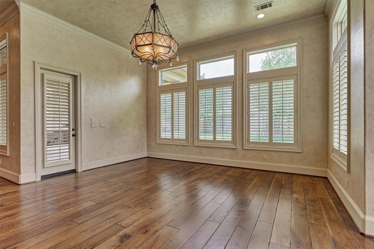 Chandelier, Empty room, Interior, Recessed Lighting, Wood Texture Flooring