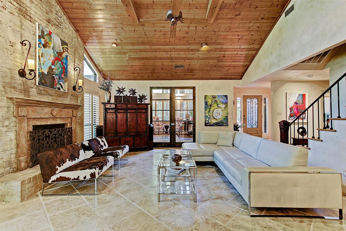 Fireplace, Interior, Living room, Recessed Lighting, Stone Walls, Wooden Ceilings