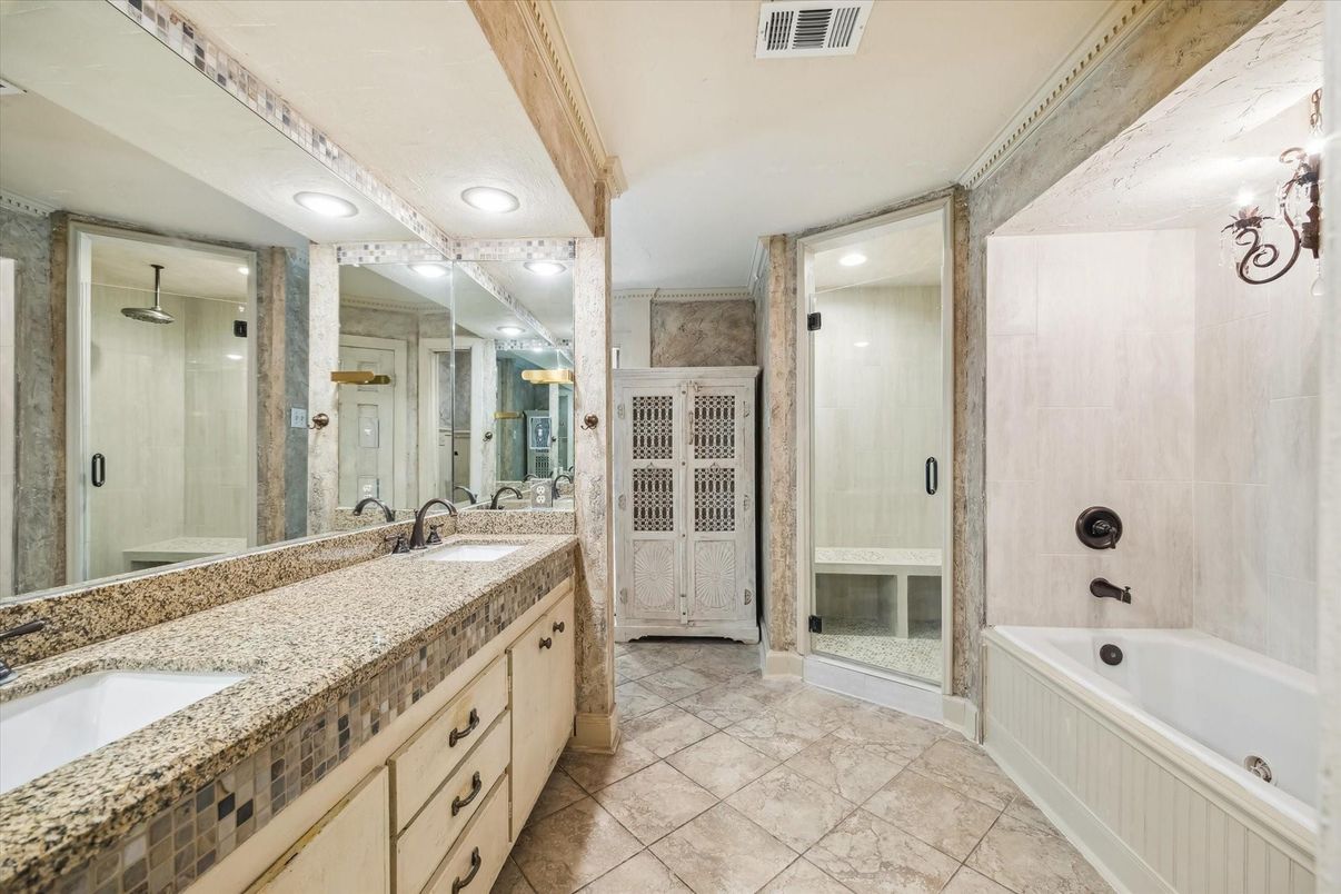 Bathroom, Dual Sink Vanities, Glass Shower, Interior, Recessed Lighting