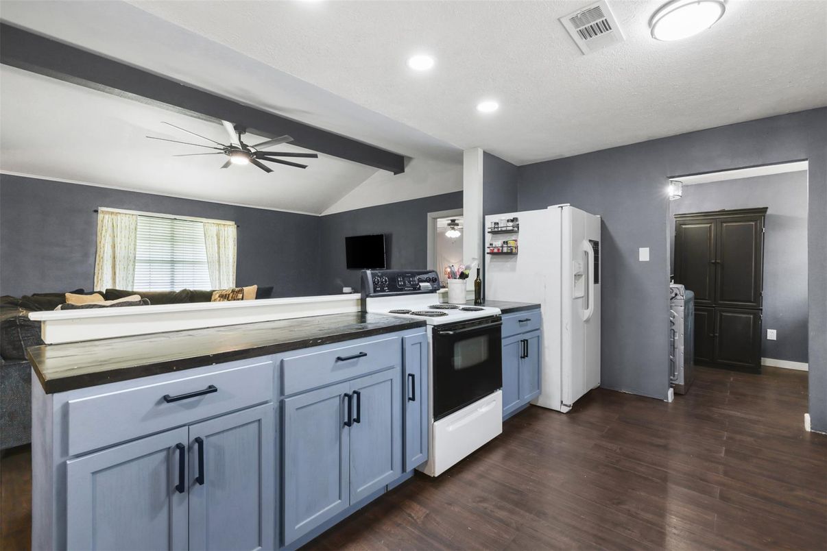 Interior, Kitchen, Recessed Lighting, Wooden Beams, Wood Texture Flooring