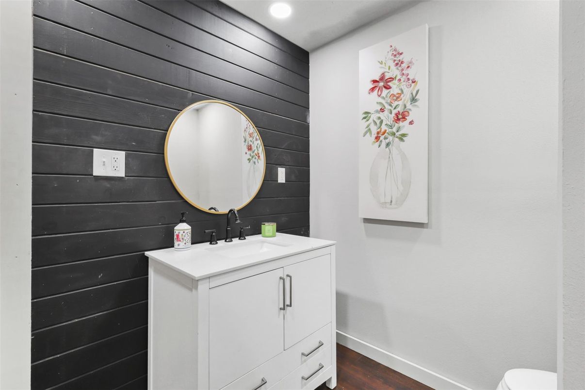 Bathroom, Interior, Recessed Lighting, Wood Texture Flooring, Wooden Walls