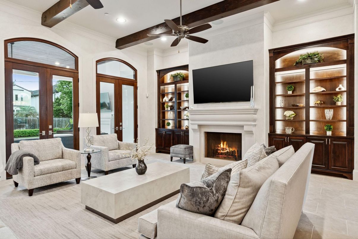 Fireplace, Interior, Living room, Recessed Lighting, Wooden Beams