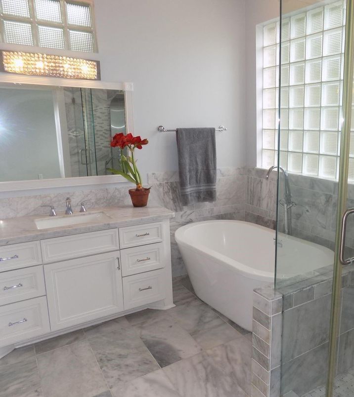 Bathroom, Free Standing Baths, Glass Shower, Interior, Marble, Marble Walls