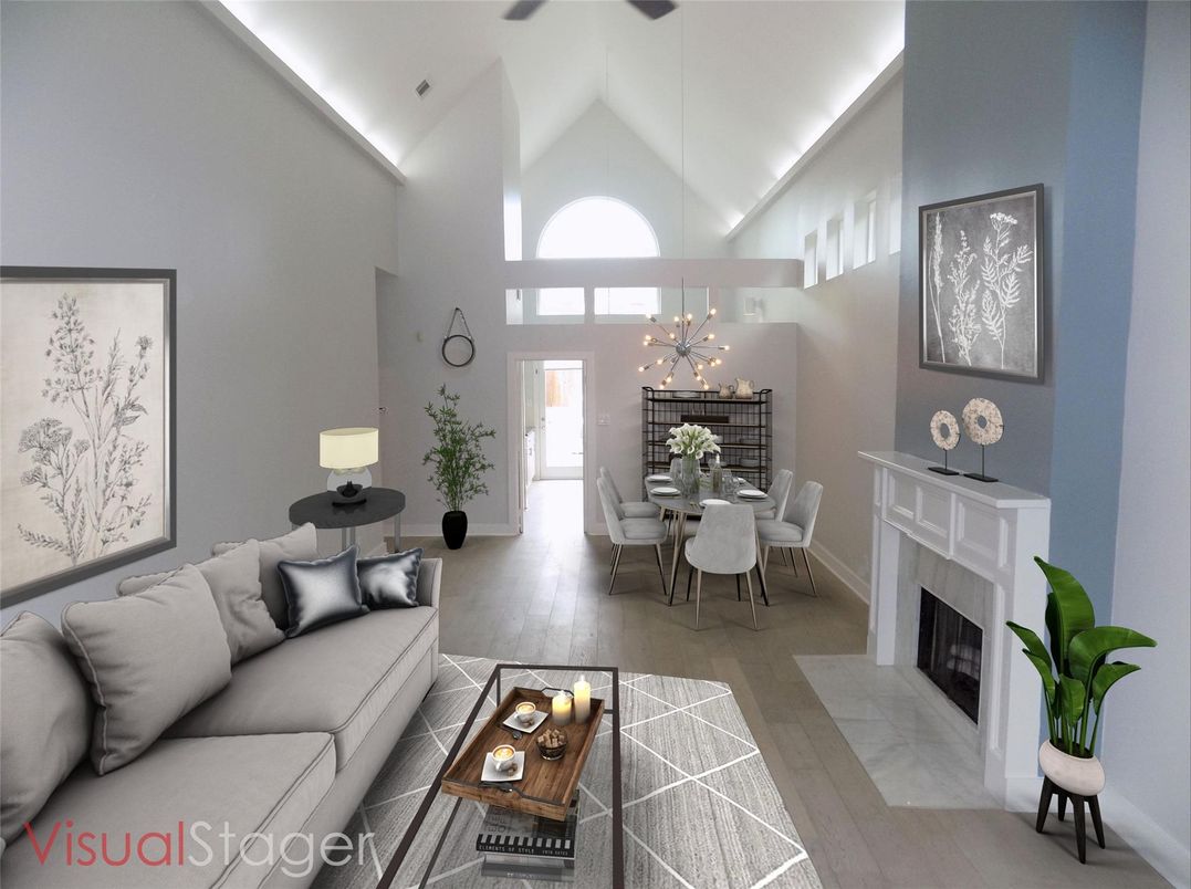 Dining room, Fireplace, Interior, Living room, Pendant Lights, Wood Texture Flooring